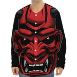 Red Japanese Demon Mask Print Long Sleeve Baseball Jersey