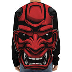 Red Japanese Demon Mask Print Long Sleeve Baseball Jersey