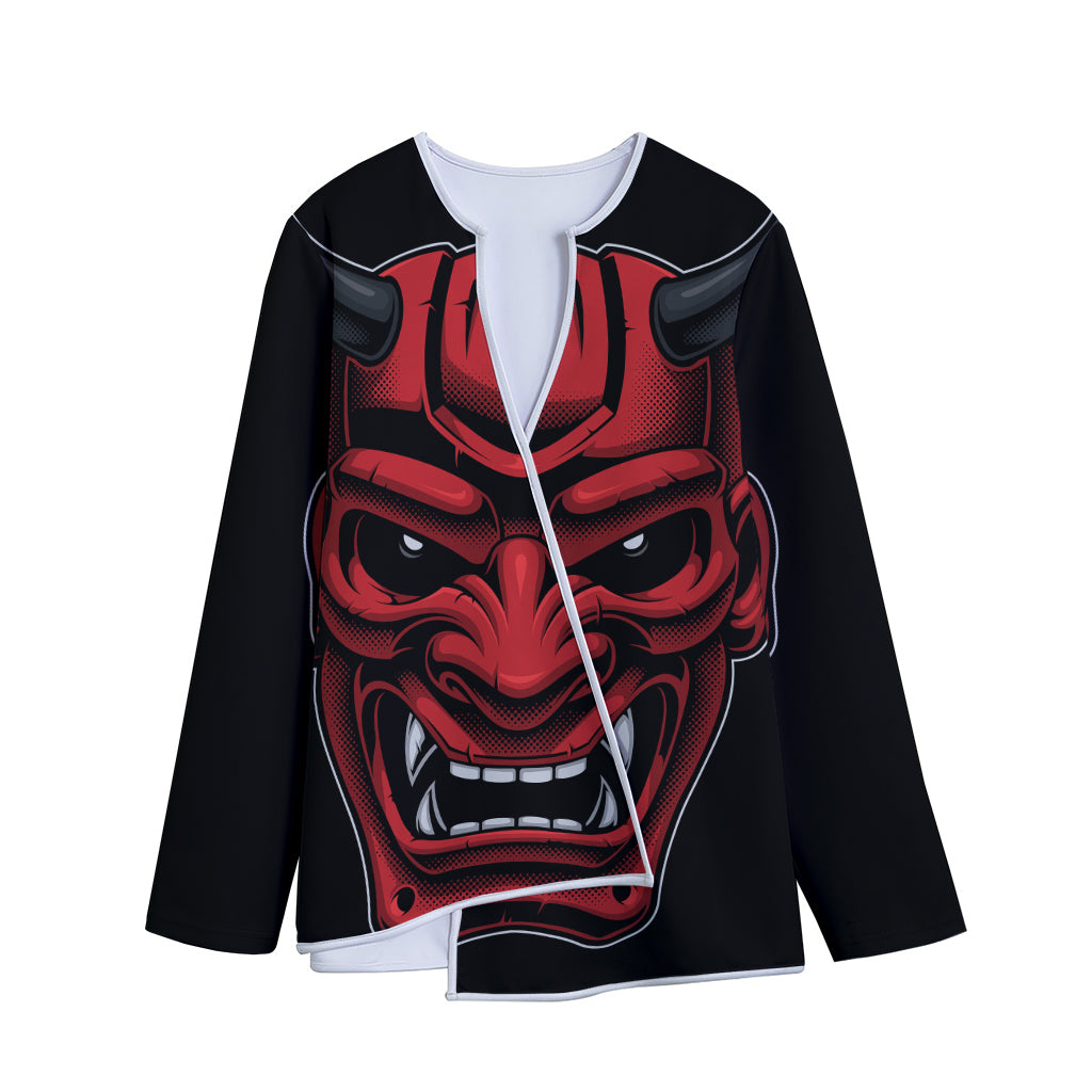Red Japanese Demon Mask Print Long Sleeve Short Coat