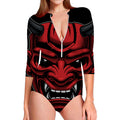 Red Japanese Demon Mask Print Long Sleeve Swimsuit