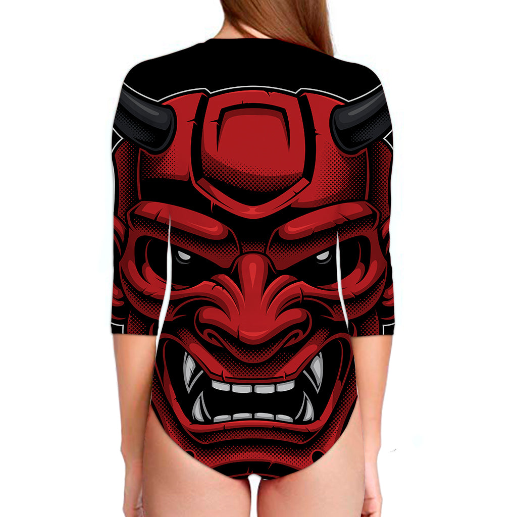 Red Japanese Demon Mask Print Long Sleeve Swimsuit