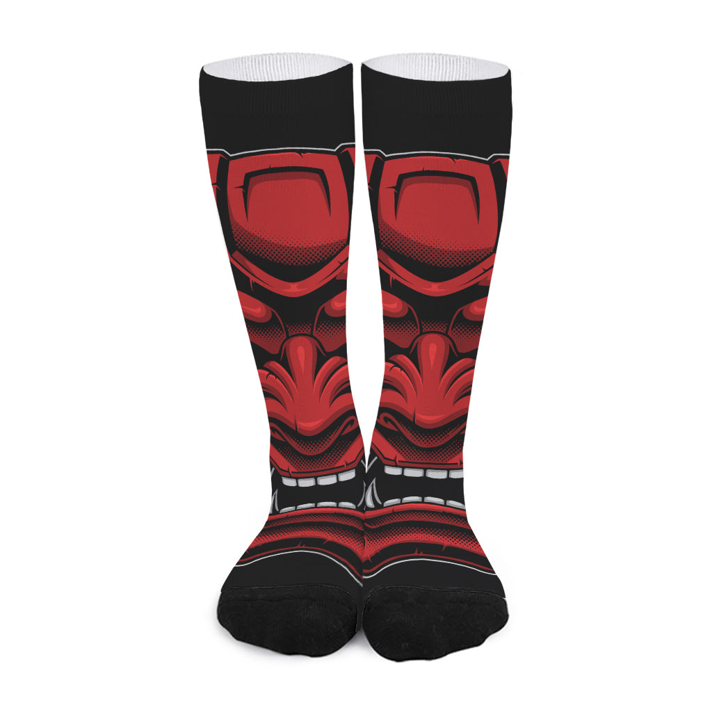 Red Japanese Demon Mask Print Long Socks