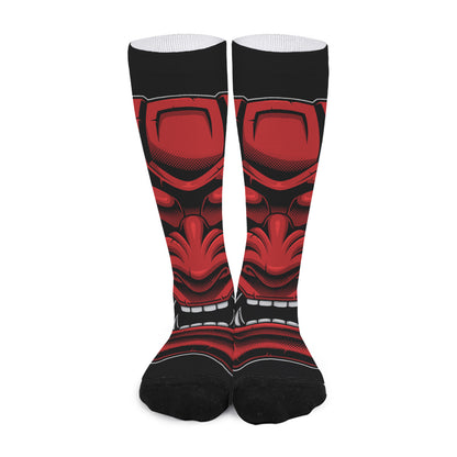 Red Japanese Demon Mask Print Long Socks