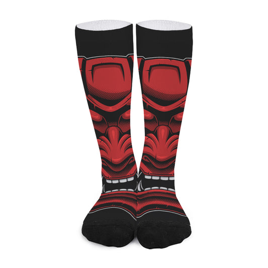 Red Japanese Demon Mask Print Long Socks