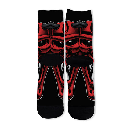 Red Japanese Demon Mask Print Long Socks