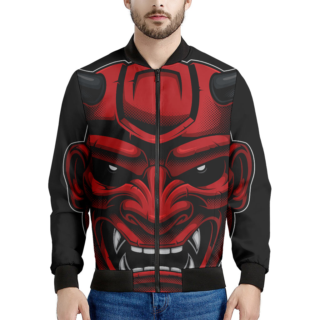 Red Japanese Demon Mask Print Men's Bomber Jacket