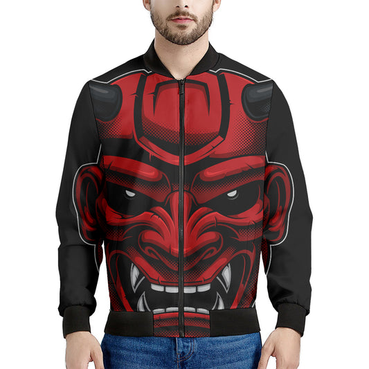 Red Japanese Demon Mask Print Men's Bomber Jacket
