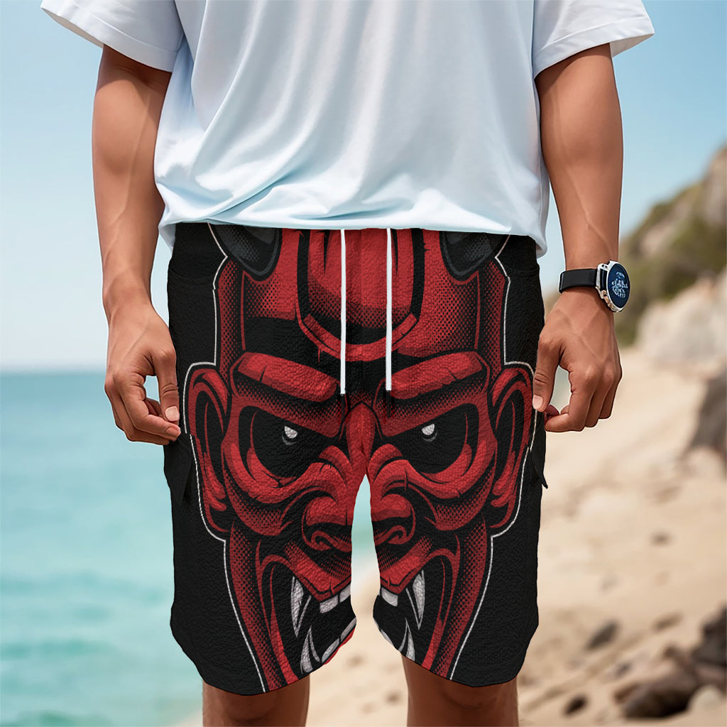 Red Japanese Demon Mask Print Men's Cargo Shorts