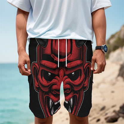Red Japanese Demon Mask Print Men's Cargo Shorts