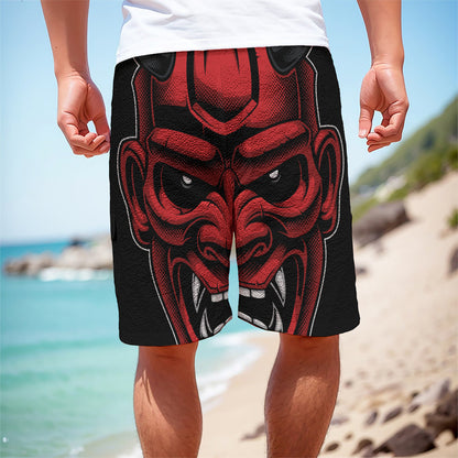 Red Japanese Demon Mask Print Men's Cargo Shorts