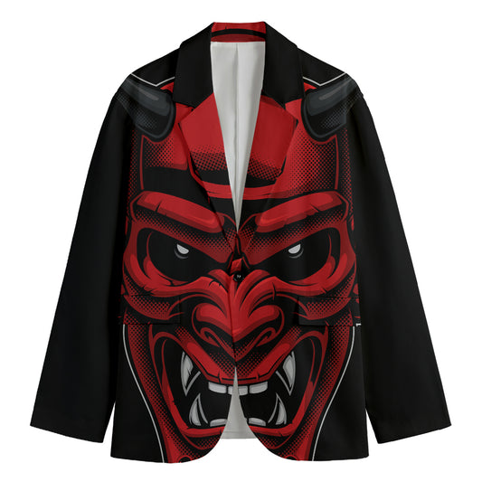 Red Japanese Demon Mask Print Men's Cotton Blazer