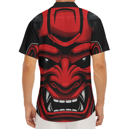Red Japanese Demon Mask Print Men's Deep V-Neck Shirt