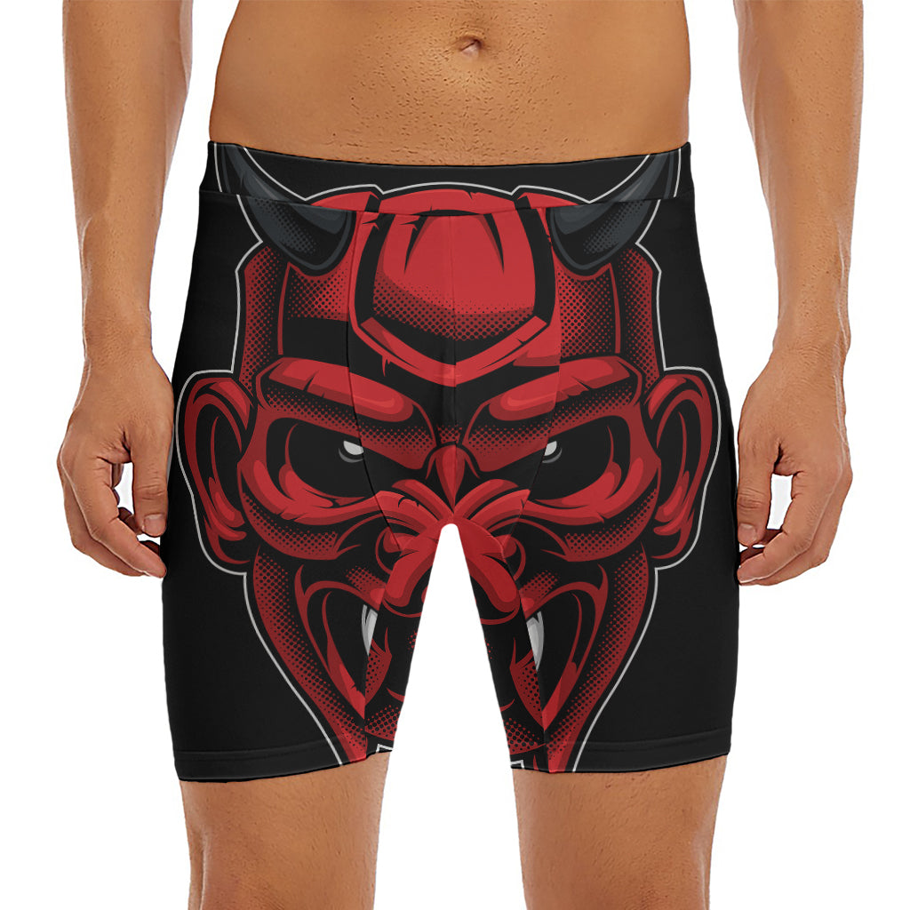 Red Japanese Demon Mask Print Men's Long Boxer Briefs