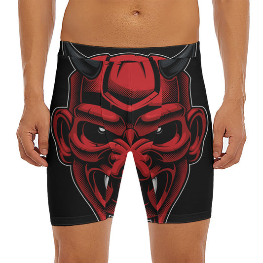Red Japanese Demon Mask Print Men's Long Boxer Briefs
