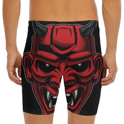 Red Japanese Demon Mask Print Men's Long Boxer Briefs