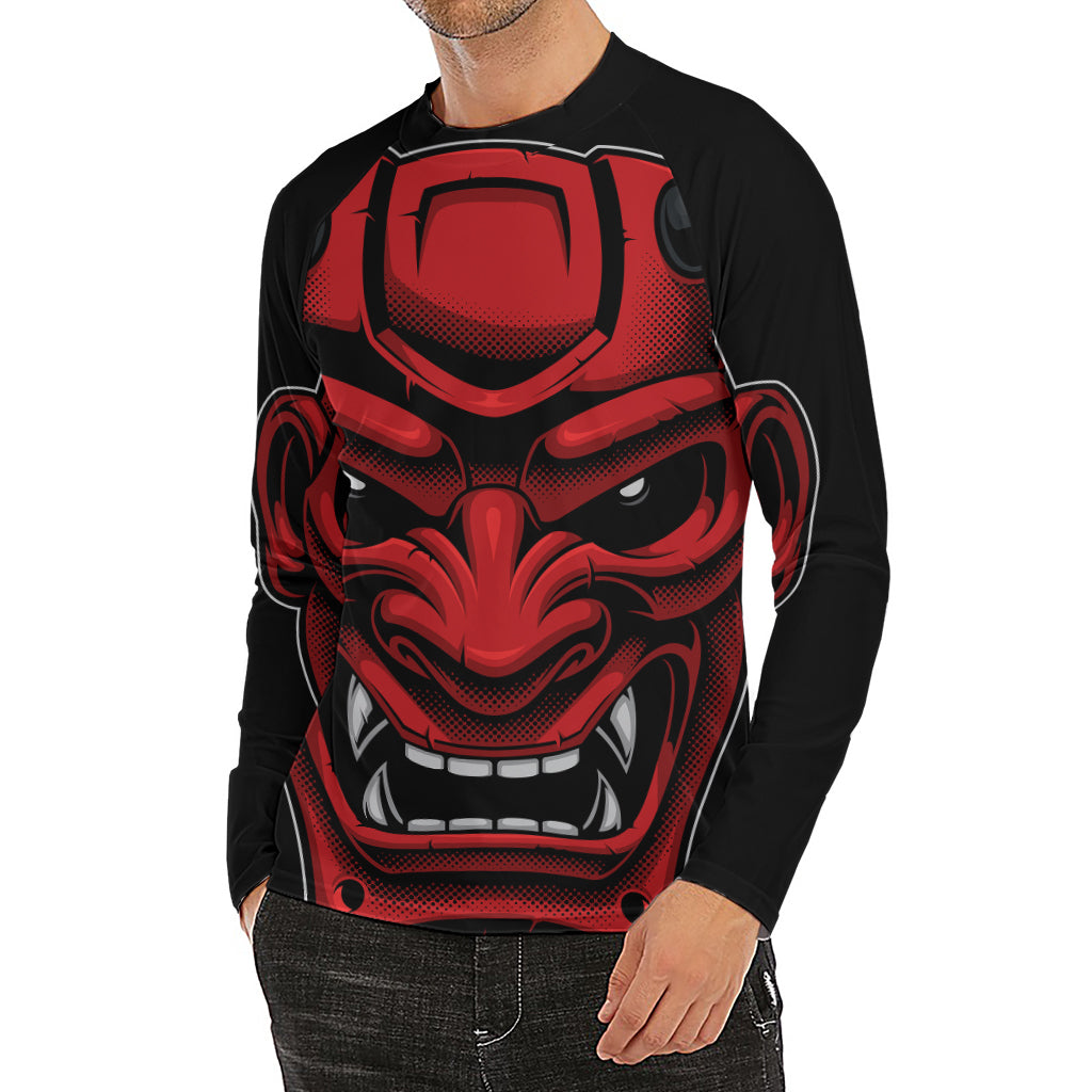 Red Japanese Demon Mask Print Men's Long Sleeve Rash Guard