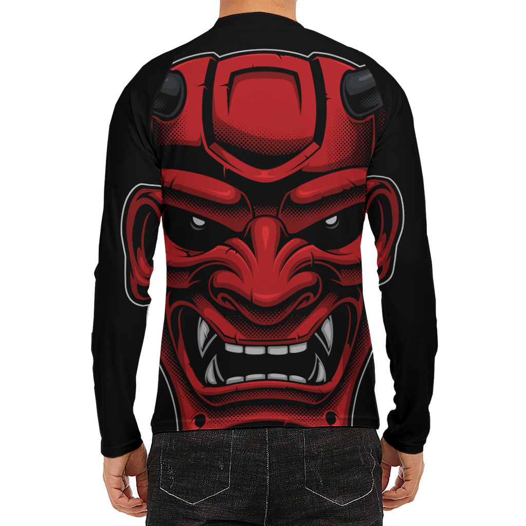 Red Japanese Demon Mask Print Men's Long Sleeve Rash Guard