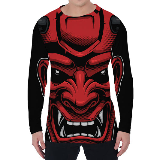 Red Japanese Demon Mask Print Men's Long Sleeve T-Shirt