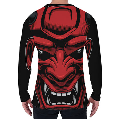 Red Japanese Demon Mask Print Men's Long Sleeve T-Shirt