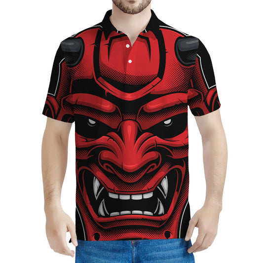 Red Japanese Demon Mask Print Men's Polo Shirt
