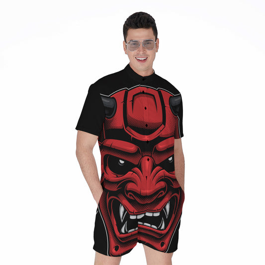 Red Japanese Demon Mask Print Men's Rompers
