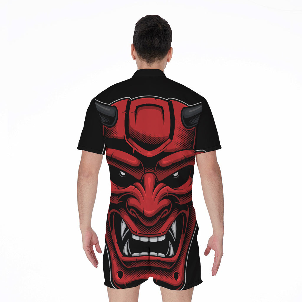 Red Japanese Demon Mask Print Men's Rompers