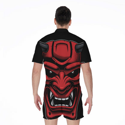 Red Japanese Demon Mask Print Men's Rompers
