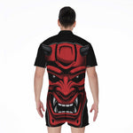 Red Japanese Demon Mask Print Men's Rompers
