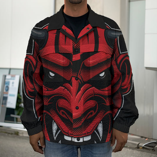Red Japanese Demon Mask Print Men's Shirt Jacket