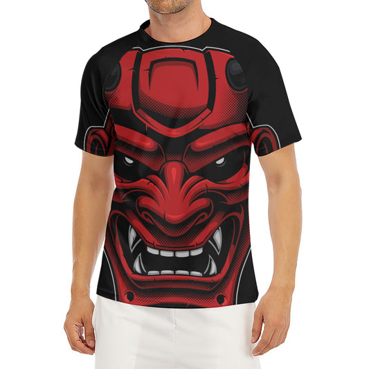Red Japanese Demon Mask Print Men's Short Sleeve Rash Guard