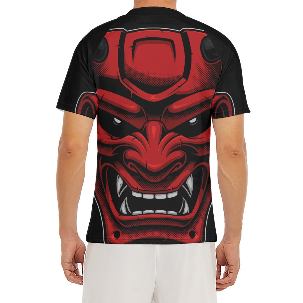 Red Japanese Demon Mask Print Men's Short Sleeve Rash Guard