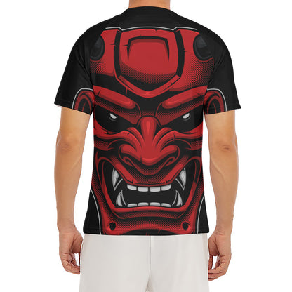 Red Japanese Demon Mask Print Men's Short Sleeve Rash Guard