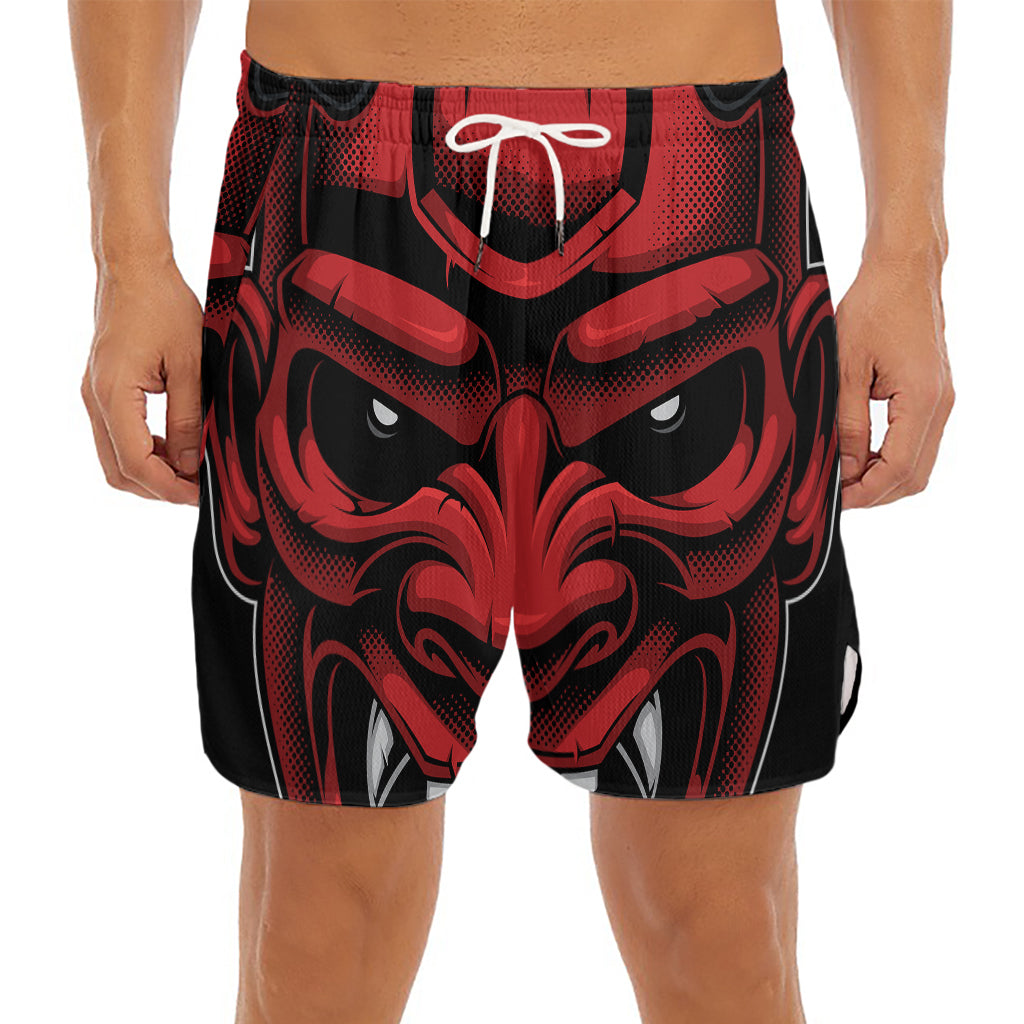 Red Japanese Demon Mask Print Men's Split Running Shorts