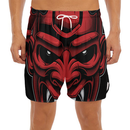 Red Japanese Demon Mask Print Men's Split Running Shorts