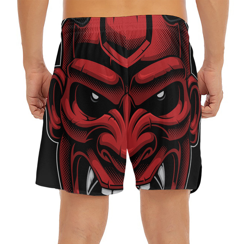 Red Japanese Demon Mask Print Men's Split Running Shorts