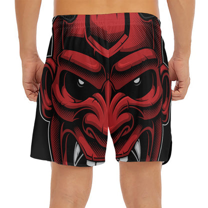 Red Japanese Demon Mask Print Men's Split Running Shorts
