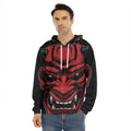 Red Japanese Demon Mask Print Men's Velvet Pullover Hoodie
