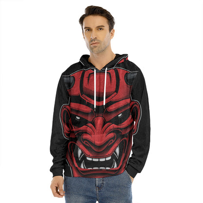 Red Japanese Demon Mask Print Men's Velvet Pullover Hoodie