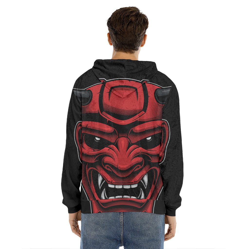 Red Japanese Demon Mask Print Men's Velvet Pullover Hoodie