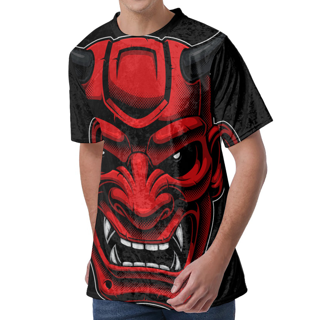 Red Japanese Demon Mask Print Men's Velvet T-Shirt