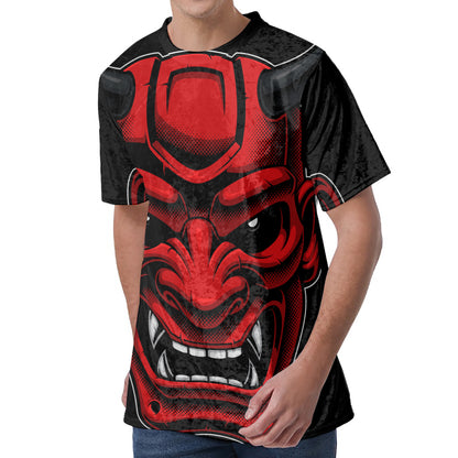 Red Japanese Demon Mask Print Men's Velvet T-Shirt