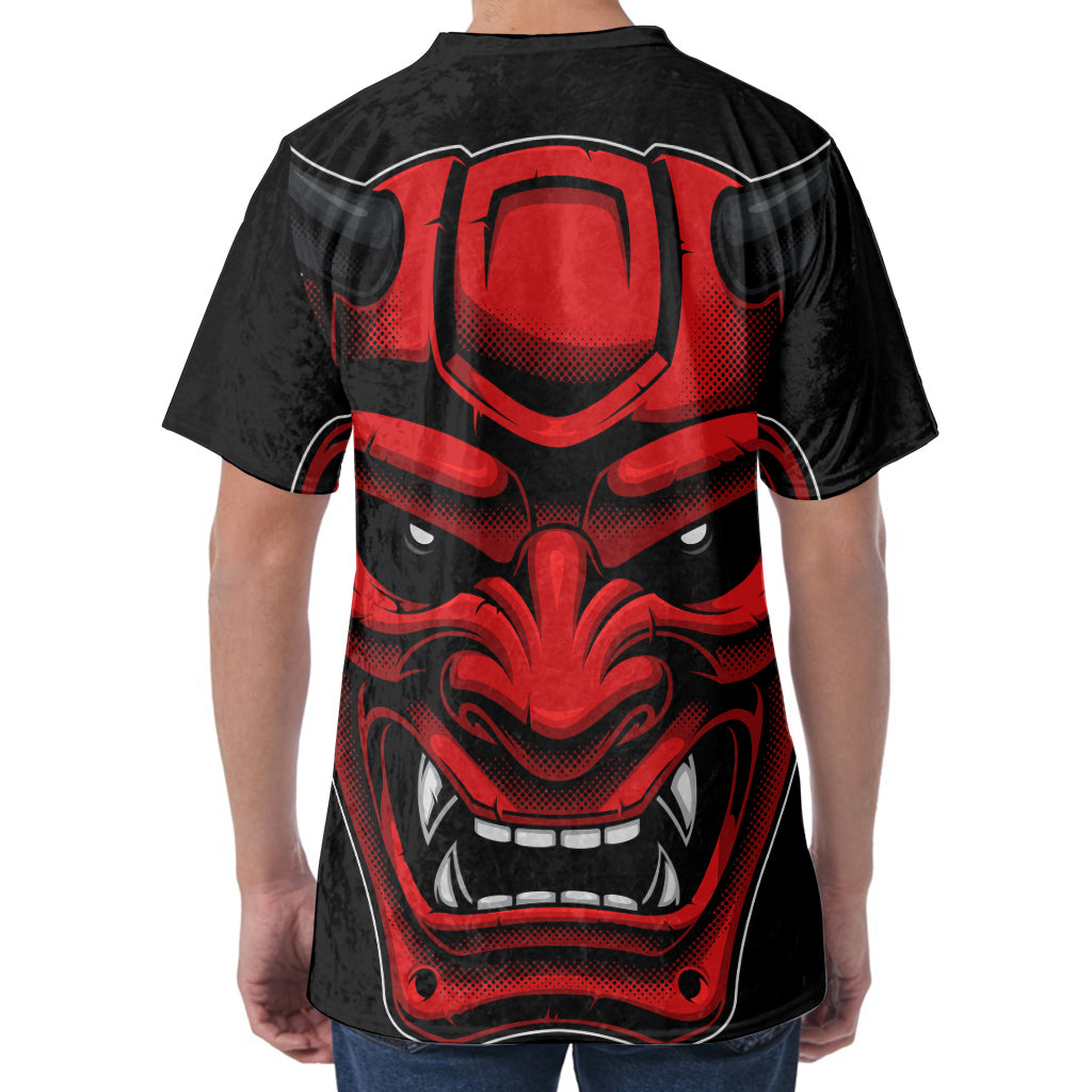 Red Japanese Demon Mask Print Men's Velvet T-Shirt