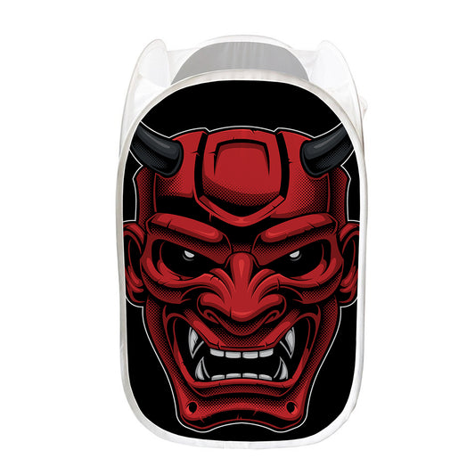 Red Japanese Demon Mask Print Mesh Laundry Hamper