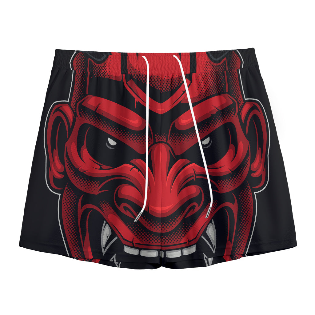Red Japanese Demon Mask Print Mesh Shorts