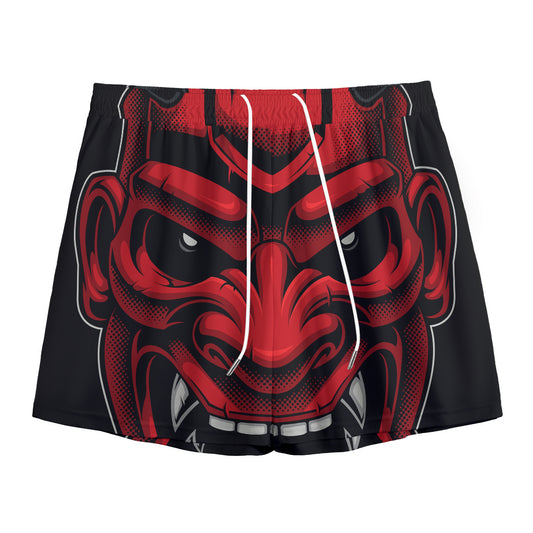 Red Japanese Demon Mask Print Mesh Shorts