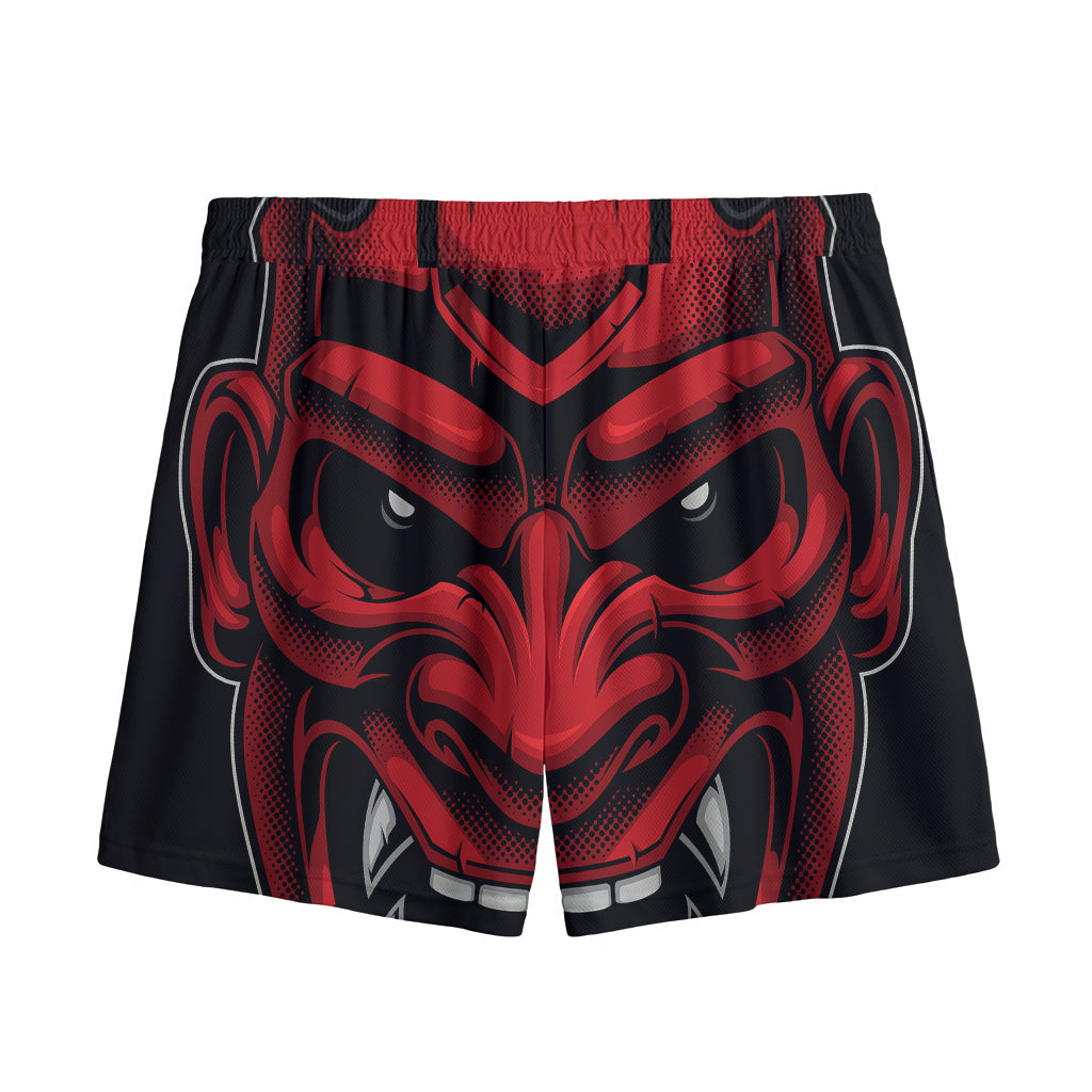 Red Japanese Demon Mask Print Mesh Shorts