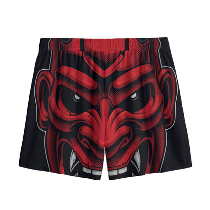 Red Japanese Demon Mask Print Mesh Shorts