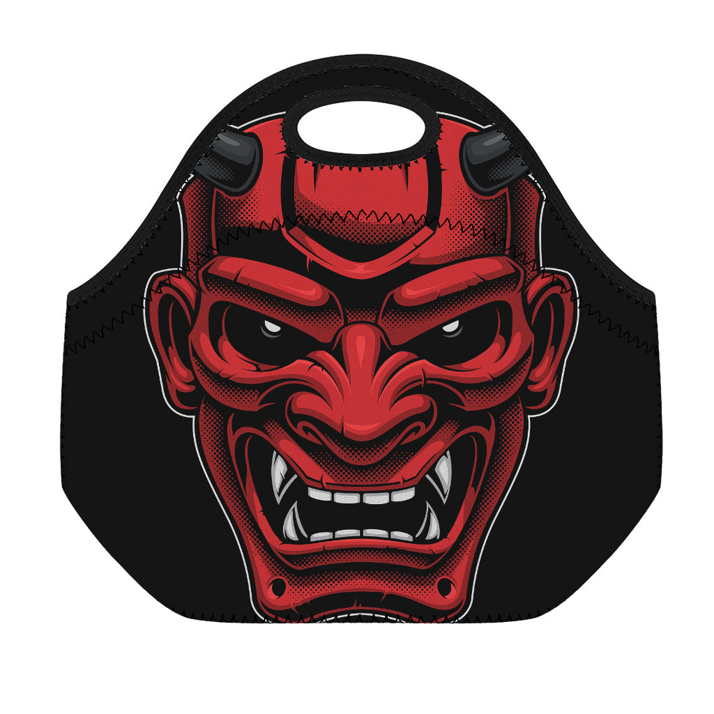 Red Japanese Demon Mask Print Neoprene Lunch Bag