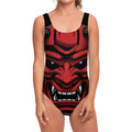 Red Japanese Demon Mask Print One Piece Swimsuit