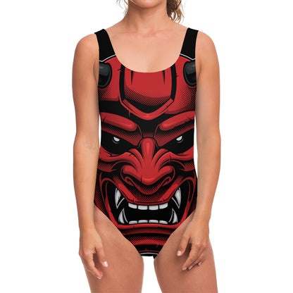 Red Japanese Demon Mask Print One Piece Swimsuit